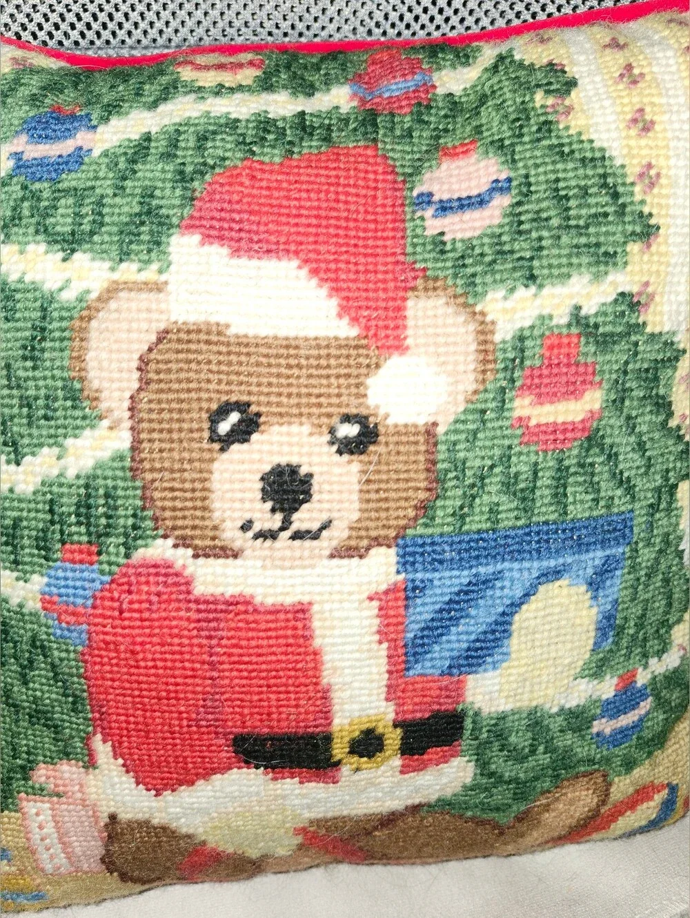 Teddy Bear Needlepoint Holiday Pillow - Red & Green Christmas Accent 11 Inches